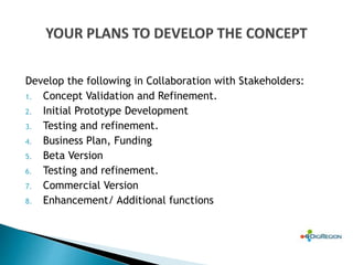 Develop the following in Collaboration with Stakeholders:
1. Concept Validation and Refinement.
2. Initial Prototype Development
3. Testing and refinement.
4. Business Plan, Funding
5. Beta Version
6. Testing and refinement.
7. Commercial Version
8. Enhancement/ Additional functions
 