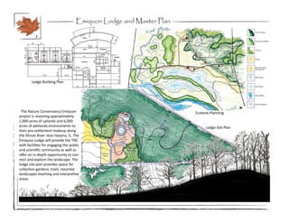 Emiquon Lodge and Master Plan

          7




        Lodge Building Plan




 The Nature Conservancy Emiquon                                     Ecotone Planning
project is restoring approximately
1,000 acres of uplands and 6,000
acres of wetlands environments to                                        Lodge Site Plan
their pre-settlement makeup along
the Illinois River near Havana, IL. The
Emiquon Lodge will provide the TNC
with facilities for engaging the public
and scientific community as well as
offer an in-depth opportunity to con-
nect and explore the landscape. The
lodge site plan provides space for
collection gardens, trails, resorted
landscapes teaching and interpretive
areas.
 