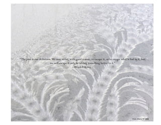 “The past is our definition. We may strive, with good reason, to escape it, or to escape what is bad in it, but
                           we will escape it only by adding something better to it.”
                                               - Wendell Berry -




                                                                                                   Frost: Ithaca, NY 2008
 