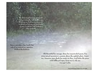 We abuse land because we regard
           it as a commodity belonging to us.
           When we see land as a community
           to which we belong, we may begin
              to use it with love and respect.
                       Aldo Leopold,




Nature provides a free lunch, but
only if we control our appetites.
     William Ruckelshaus

                                              Oh Beautiful for smoggy skies, for insecticided grain, For
                                           strip-mined mountain’s majesty above the asphalt plain. Amer-
                                           ica, America, man sheds his waste on thee, And hides the pines
                                                      with billboard signs, from sea to oily sea.
                                                                   George Carlin

                                                                             Fog on Bluff Spring: Stuben Green, WI 2008
 