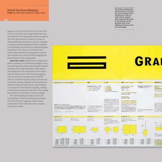Hybrid Brochure/Magalog
Graph Co., Ltd. Iissay Kitagawa, Hyogo, Japan
diagrams, the text overall is set in one size; all of
the text is set in the same weight of the same face.
The austerity of the typography and the considered
use of the grid structure combine to create an
informational document that is easy for customers
to navigate and that highlights Graph's credibility
as functionally concerned, service-oriented designers
and printers. The choice of a brilliant white,
matte-coated stock for the catalog sheet contrasts
the newsprint stock of the brochure/magalog and
draws attention to the catalog sheet.
GREETING CARDS Folded into the catalog sheet
(which is folded over the brochure/magalog cover)
are sample greeting cards, representing the product
that drives the overall publication. Their propor-
tions inform all of the components of the system,
from the foldout sheet to the brochure/magalog.
They are printed in standard process (eMYK)
color on a selection of glossy, matte, and mirrored
card stocks, offering examples of these options for
potential customers. Some of the cards included
are also shown in the brochure/magalog, creating
an interesting conceptual connection- from catalog
presentation of the product to concrete sample.
This intermingling of sample product and
actual product echoes the working process quali-
ties of the brochure/magalog, tying the three
components of the publication into a complex,
yet coherent, whole.
GfiWttt.o-f~~.,........ ~<O:'II" r:
IIIII!.
.b]ff.~"d~'C~lt"
.,. t -. "" •••
'J' ~ ,.~ ... ...
~-. at.
-1'-))".
- 7''101'"
-,...,:,.a.,.
.,,,....
........,....::-~ ..
The foldout catalog sheet
breaks sections of informa-
tion into horizontal bands
defined by its folds; an
eight-column modular
grid. proportionally based
on the diagrams of the
greeting cards, lends
additional structure to the
text and images.
GRAI
..;0...-+., :J.a ...1t••C"~ 'IIU.'''' GRA11't ~~
atilt-B,.uP! .,...,...:J"''''-~;I. . Tl1'H..U
Il'.... ....• ,I.......!
t tu ' .. • .... . - ,••
.. ..""',,-.....,
~AI-__~ ·,.,M1tlt-f-l).!A.
I"U,D 1",O
il. _ ••,. TT_
...." ..
,., .,~ a'1M
ItU,B'IJ<,m.
..
•• •
~. .".......... au..•
_ _ ~ . ... t ..
. .", . . . ..."ft, . . . -, . .........," ... t .., iii ........,. .....x»u",.....
• :-7. U ... ·tt ..... • ........ "
'1'.1't-...,-~.- -)o·,.,II',Jt.-.. ·"~lI-U' IIIft7••"'::;tlll_"'/1i
'4'''''*.(Cl'1'~ U: ••~j",»- ..JI%ft,>yf70.t
~.,."t" T :ttlttf't;'IlGAAf"Kb-F~"''''''' W'U,:f,,,(r:t·
~"f't "1t......r4l'.-f.-4-.' .......... '_f.~ ....,.. "'....,.iW"
...,1A . ~ It)
.....,••q" ...,t
--D
~.
I ·,A. new....
..... .,..... ' l·.1Ob
t ,OOOtr "".JSO V'UH'
....... ..~.o1O ¥~.
~.. ....... "lI.f~
.'''-;'- ...,.... Q .••1o::M
7"'f~" i ...(
,.;;
...
--r..,,,,,,, l"'u.a
..... "11.000 140fI v'.,l$O
, ooott .'u.* JOO4tt .,'..tIO
~ooo tt "~OIO MOil .... .400
...... ......050 1.000& V,.,5O
. ~'M .Ir,.a"-_u; ..,.,.}••!".".'1II •••"......"" ..
n...,.·"t·...... u · ..........
... .... ". I. ,,.~ • • l1li.-......
,....:, .., ......
..,"'...........
e'1 t _ ... . ....~II
,......... 1..............-...:
k'1 .t'u.!~*,:. u .. ,"'.
"".
.....
'..."
......
10000
,'.
f -'A.
'......
"JO..so
......'..
.......
'Q".....l'I"", ............"'.. '.":1-'.' ••
• -,.. tI ............" • .............at..:lto.......... ' ... .
..,. ,-nu~... '41" ... ....., ......,.
'f~ · I •• , .. 111
. a&k........... ...... ....
r..aa... .,
•••
f · JJ.II
..... .......
..... ...· .100
:toooit "" 1.400
.-0 ~""00
".~
-
'0000
._.
1 .....
.-
•
'.,J...
" '!I,~
""Ltoo
'-21','N(I
"'....a.ao
•
IJ "~ U.I.."?'·
..e; t:tt.••
;Io.,•• AIU)W._
.11 •__.aa
.-to:""iIfG.a,.
 