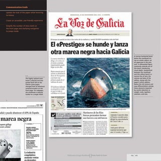 2
1,2
The highly stylized mast·
head is reduced and inte-
grated flush left on the
interior jump pages,
changed from its dominant
centered location on the
front page. On subpages.
the masthead is reduced
further to a single initial.
I PAllA RECUPERAII GALICUl l
lelial y puede aba tecer el 60% de Espana
mareanegra
'Squera gallega
iendo caUdad
C:IT"." ,-----,
-,-
....e. .. MaItctMes
por lo _ _
80%
• LIs .......... gaJlogu
_ , marisqoJuII ...
_oImuncfo.
( .....-
115.000
• GaliciatiMe4eO
--,
IIAOO_
La industria
congeladora
aumenta ventas
en dicIembre
Mlt.C:OLes, 20 DIE N09lCMllac DCL 2001 I " eo'"'",,,
aficia
========= ~.Jn=="lJtlll' nt. A"'~HX. par(IOIIC' .... 1 .........
[Sp[CTI.cUlOS ..oIiII....... ELI£.TORHORT£AM(RlCANO JAMES C08URN FALUCE EN LOSNtGEu:sA LOS 7iS AAOSt ..7
EI buque se parti6 en dos a las acho de la manana y verti6 10.000 toneladas m as de fuel
EI «Prestige)) se hunde ylanza
otra marea negra hacia Galicia
l..d nueva ma",ha Ie
dirigc" I. con" y n
eI vicnlo continua
impu/sdndola puedc
IIL'gar en dOl dlQ1
Rajoy ammcia que eI
ciCT1leJ Ie dcc/arara la
Zolla de Em~nci"
y promctc una
primm ayuda de 2
mil/onn de CU",I
EJ Gobkmo dcfiendc
SII aCluaci6n yconfia
Ct. quc 10 mrgaw
,(}litljfilJ/J~ "" pl/nndn
--
--- ~~-""'IVU"'"
La j)I'"OoI del ~ hit ill Ytt.ma parU de4luQue: .... ~ mitnLralla ~. otro.ll& t.anQUH. teIU df ne,ro eI ~
·"""............... doI ..C_..... c_......_ .....,"""'"
.~~ "".-..--
.""'-.....................
r........_",.,....... -w........................,.,."....
._;..__"'__<i,......."'~
_.4.:..t~""'"
1..1..............................................................
.........
~
...,
BIUtHIl
Marincro de la Rfa
Baixa ' pretenden formar
una barr racon mil bar
. "liCntrill~ WUI b:ttrft-.a 6t tof'Mt1t-
ym('iUl~WM'ft"ck lb riB d6a rn La m(l"Iiiakb
dt"1~ ,ANt.ISo1 ~'Ul1r8UU pot
I~ • rMrdl.at fvt. cm.:.t de' un aaiJW de-
"..... fNI~ ..ITIW'"t<'l4.. ~'1lu'-""-_
I.,qw qucd.t..tnl.tSdr la ~ L6prJ.
PDMlIoIC' 1ke;tJ. de: Ilfta ~ 'f'llil6. _ .t«-
rMR1IlWJA,w,<ntw. udal ~ 0 GJVn'I Y b
de.-. que 1PUp;NJ II c.". atC'I;Ur6 qui' 10& babQK
IM~C!S bMt J'fO-" ) W U('U 10 tonUI
ronco III tft'xi60 W pdlp'O.. 2. U , l'
PublicatIOn Design workbookIIFrom Cover to Cover
ntonio ~u ciro deja
eI Puerto corunes para
dirigir lacOllcesionaria
de 'oca Cola IZ7
IHCEH1UO
Arde parte del trell
regional nocturno qu '
lIlle Coruria )' Vigo U4
A narrow horizontal band
below the masthead car·
ries an article callout, set
all uppercase in the sans
serif. A silhouetted figure
commonly extends out of
this band, introducing
visual depth. Sandwiched
between the masthead
and this callout band is a
narrow line of text. the
volume and date of the
edition, along with the
paper's online address.
Notice the rich texture and
easy differentiation among
these elements imparted
by careful attention to
weight. scale, typeface
selection. and case.
104 105
 