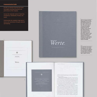 2
2.002./0)
Werre.
3
rnWIf orluuawnpt., "'"
"
&jtftJr.f~#I¥'. Mulok
rnndan
ud _ ihu nun
, Ju'g adl, lJa ,-
00 tc ptraun (to
f'ltftcfw nttnIlC"
cUm" bcn:u.ro
..... I.e!< I.U .,md.....
"nhRSda 9'''' ~
• dt.,,~ ....-1>"'''i''-
rn "Iumhcts hem. td
011 Mdcrnc (ndoru tip nul fur
dm ,uv...-.lrc 1 ,., ~ I .uf III - lu:vte" "nteft'
With no image and little
typography on the cover,
the material presence of
the report comes to the
fore. The cover stock is
uncoated and deeply
embossed with the
company name and the
title, Werre (Values).
This treatment of the
title, against the cool
gray stock, imparts a feel-
ing of permanence and
authority. The book's
intimate size and friendly
proportions offset this
austere formality.
2, 3
The half title and section
frontispieces use a classi-
cal. centered-axis aligment
for text against expanses
of white space to create a
light, elegant feeling.
 