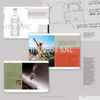 5
--
6
•
!an ~ ..... i ,_ ~ ........eo;. "-'...
"*"'--I. ~.bI)~~ ....
SirfttdQ II.t biD 1I!tICI. .. ~"'I
......._ _ I ¥IIU 4tuo.-b
vA~ LJ AR(T L------
----_...
•
_...._-_.._-
------
..- ..-----
--- -- ---
--......-----
==----_.-
--
- ---
_._---..-
- -
_.._-_..._._--
---------
-------
7
•
8
.!!!!!!!! ,. --
 .
---------
(
(
I
I

~,
0,.,,,,,.. s:u.'UlII·~lII1apa... tl~
0.' ....../0 ..,.w,.et ""'"'"II ",.., "'111'..-..b14 .....
......oUV1I'-'4u> Dwt IN' 110 ~ l ....ky,.."J It", ...
',en I ~ n chnne, f!f tt.xJ ""IT". H«tr.t rwn~
/00. .
Publication Design workbookIIFrom Cover to Cover
(
5
Sketches often end up on
cocktail napkins (work
time in bars being a fringe
benefit of the job)
5-8
The feature spreads in
every issue-and even
within the same issue-
differ radically in presenta-
tion, following cues
from the article content.
Interviews with bar and
restaurant personalities
maintain a more reserved
editorial approach,
structuring text in a ques-
tion-and-answer format
that follows the column
structure in a simpler way.
Articles about featured
spirits. meanwhile, take
on more character and
dramatic color, as well as
pronounced graphic treat-
ments, to convey the
energy and context of
the information.
 