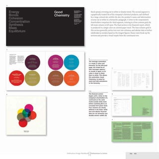 4
5
6
........,.,,,...."'"
""'-""-'''''''''
;:.:;=:~
-.'",",-
...........,...,""',.......
.............. ""'....
-..,,,.,,,,,,,,."-.,..
............... """'-"'
- ,....,.,., """,----
--"'.
_.-
-_.._.-
~ .....-".....
:::=:."'::;..:":':'""
...-...._........
".....".<... ..~, .... "'-
:=:,~
=.~';'!.
......
--::.~.. """""""'''''''',
'-
"""·"" .."'<.H_
~-
Oetcl Corp.
black spread, reversing out to white or deeply tinted. The second segment is
a graphically treated list of the company's chemical products, each defined
by a large colored dot; within the dot, the product's name and information
reverse out to white in a hierarchic paragraph. A letter to the corporation's
shareholders comprises the third segment, running in a four-column grid; the
left-most column is left open.The final section is the financial report, which
is produced in a single color on colored paper stock. The four-column grid in
this section generally carries text over two columns, and tabular data is further
subdivided as needed, based on the longest figures. Heavy rules break up the
sections and provide a visual respite from the continuous text.
4
The message summation
is a study in value and
hierarchy. On the left-hand
page. the tinted list of
idea messages appears
7
to recede in space, as its
value is closer to black .-...~". -.
.'
than to white. This allows
the summation, Good
Chemistry, to jump for-
ward and take precedence ..
in the hierarchy.
"''<'"~.
7-9
The financial section 8
begins with a letter to the
company's shareholders (7).
continued on the same
matte-coated white stock ...
before switching (8) to an --.--
uncoated mint green stock. -
Four columns are clearly
defined in the letter, while
text and tabular financial
-
data are run primarily over
..
double-column widths (9).
9
Publication Design Workbook IIPublications in Action 20 4 205
 