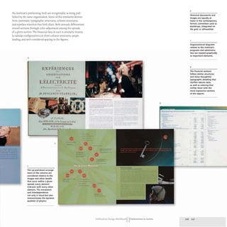the institute's positioning, both are recognizable as being pub-
lished by the same organization. Some of this similarity derives
from systematic typographic structures, column structures,
and typeface selection that both share. Both annuals differentiate
overall sections through color adjustment among the spreads
of a given section. The financial data in each is similarly treated,
in tabular configurations on three-column structures, ample
leading, and well-considered spacing in the figures.
6
,
EXPERIENCES
t:T
O BSER VATIO S
sv K
L'EL TRICITE
A P"I.I."'A L" rr 6V 1f ...'./9..,
...
.M. llE 'J MI ' FRA KLlN;
A PARJS.
SC.JICQQt1'.1lI em
• L D, Cc. 1.11.
btt if"m.",. 0
2
The up-and-down arrange-
ment of the columns are
considered relative to the
images and other details
that occur within a given
spread; every element
interacts with every other
element. The movement
and interdependence
not only is visual but also
communicates the dynamic
qualities of physics.
7
8
-
-
-
-
Publication Design WorkbookIIPublications in Action
6
Historical documents and
images are equally at
home in the contemporary
format, sometimes used as
backdrops, integrated on
the grid, or silhouetted.
7
Organizational diagrams
related to the institute'S
programs and administra-
tion are treated graphically
as important elements.
8
The financia I sections
follow similar structures
and show thoughtful
typographic detailing that
clarifies tabular data,
as well as coloring that
unifies them with the
more expressive sections
of the reports.
-
-
-
-
-.
.... -
_.
-
-
- ~
-
- -
~~
-. -
'::
=. -
-
-
-. -
• • • -
-
-. -
206 207
-
 
