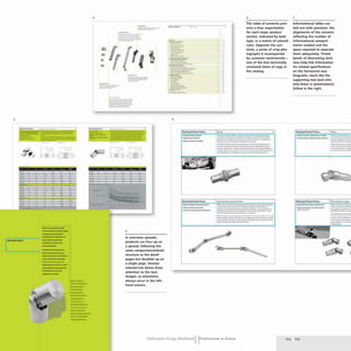 5
"
---
.
~
I -
--
-
-
-
'-----' .'-----' '--' ~-_
'---t
---
.......-..-....
---
----.....-,-
......--............
...............-
--
~....- ..-
-..-.____ao_
..----,...
..._---
--~~
........-.......-
--....,~
..-..--
--
I
--
--
--
---
.._-
-.-.-
--
--
----
--
--
4
----
--
--=-
---
•
--
r___
-- .-
::..-""-=--=:.:.--
----
-
'-
-
•
6
In overview spreads,
products run four up on
a spread, following the
same compartmentalized
structure as the detail
pages but doubled up on
a single page. Heavier
colored-rule boxes draw
attention to the text.
Images, as elsewhere,
always occur in the left-
hand column.
.................
-..-
--
1- ...-
---
....-
-.--"'"
----
.
----
---
--- .
=--:=~,.:=~~
-~
i •
6
•
.
4
The table of contents pres-
ents a clear organization
for each major product
section, indicated by bold
type, in a matrix of colored
rules. Opposite the con-
tents, a series of crisp pho-
tographs is accompanied
by customer testimonials-
one of the few technically
unrelated items of copy in
the catalog.
-...............--~.-..-
~.....------
,...-----..-..._---
...-..............,.._,....-..........-.......
_ ...._ ~~ ............ _ •• 'It....
-....-.--_.._----.-
-.......... c-....._,.._,......._
- -.-..-......._-
_
........."'--.......- .....-....
_..._._w _o.r ___
----....~-..,---...
--~---...,-~
-- --_.........-_..-
...-....... --..._-.....-....--,......
.-..--_...-.....................--_.
- ._----
"
5
Informational tables are
laid out with precision, the
alignments of the columns
reflecting the number of
informational compart-
ments needed and the
space required to separate
them adequately. Tinted
bands of alternating dark-
ness help link information
for related specifications
on the horizontal axis.
Diagrams, much like the
supporting text (and simi-
larly linear in presentation),
follow in the right.
f..........,_....._--..... ___...__...
i •......,.""...,, _ _
..............,..--.--
--
...._--
_
.....--
-----
- -,
_...._..,.-
.........~-.......
-...- ..__.
------....-....
---'-"I
----_.
..............---,
"---.-..
---........-
---
...,..,....---.-
r - ______
--
Publication Design workbookIIPublications in Action 224 225
 