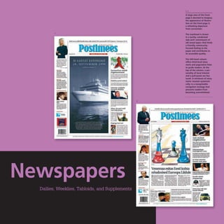 1
.r-----
"..........""
~---,.....
----
..._..........
wao_ ...... ..
-~ ..
......
...-......
-.....,.....
~
-=-~
... ~II~.~­
=,....-_w
Surmaviirus ~'Ib
hii,elsummasid
~='-=~
::::.._--=
:. .£0;,-
...._~I .r
- .......---
-=-=--=-:=.:=
_
........-.-,..
_:..- ,.-e
~5=_=::r.;
::,;::-----
--...~ ...
... II.
;,;,_c::::::-
=::c:.=
-----
=-.:::.=:..~
--::.c::
c...- "':'r;
2
1,2
A large area of the front
page is devoted to imagery;
the appearance of illustra-
tion on the front page is
a refreshing departure
from convention.
The masthead is drawn
in a quirky, condensed
slab serif-reminiscent of
old wood types-that lends
a friendly, community-
focused feeling to the
paper and contributes to
its accessible quality.
The left-hand column
offers third-level story
starts and pagination links
to guide readers. At the
top of the column, a per-
sonality of local interest
and a pull-quote are fea-
tured. A minimum of story
starts-treated systemati-
cally-is a recognizable
navigation strategy that
prevents readers from
becoming overwhelmed.
. r .
'f. t ::
~
 