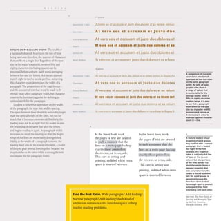 READING
EFFECTS ON PARAGRAPH WIDTH The width of
a paragraph depends heavily on the size of type
being used and, therefore, the number of characters
that can fit on a single line. Regardless of the type
size or the reader's maturity, between fifty and
eighty characters (including spaces) can be
processed before a return- with words averaging
between five and ten letters, that means approxi-
mately eight to twelve words per line.Achieving
this character count determines the width of a
paragraph. The proportions of the page format-
and the amount of text that must be made to fit
overall- may affect paragraph width, but character
count is the best starting point for defining an
optimal width for the paragraph.
Leading is somewhat dependent on the width
of the paragraph, the type size, and its spacing.
The space between lines should be noticeably larger
than the optical height of the lines, but not so
much that it becomes pronounced. Similarly, the
leading must not be so tight that the reader locates
the beginning of the same line after the return
and begins reading it again. As paragraph width
increases, so must the leading, so that the begin-
nings of the lines are more easily distinguished.
Oddly, as the width of a paragraph narrows, the
leading must also be increased: otherwise, a reader
is likely to grab several lines together because the
snapshots he or she takes while scanning the text
encompass the full paragraph width.
Garamond 3 Italic
Clarendon
Futura Medium
Impact
Univers 45
Bauer Bodoni
Garamond 3 Italic
Clarendon
Futura Medium
Impact
Univers 45
Bauer Bodoni
2
11 points
At vera eos et accusam et justa duo dolores et ea rebum veritas
At vero eos et accusam et justo duo
At vero eos et accusam et justo duo dolores et
AI vero eos el accusam el iuslo duo dolores el ea
At vero eos et accusam et justo duo dolores et
Al vero COS el accusam Cl juslo duo dolores cl ea rehum
9 points
At vero eos et accltSam et jllsto dllo dolores et ea rebmn veritas in linglla Ira
At vero eos et accusam et justo duo dolores
At vero eos et accusam et justo duo dolores et ea rebum
AI vero eos el accusam el juslo duo dolores el ea rebum veri
At vero eos et accusam et justo duo dolores et ea rebum
Al veru eus cl accusam el jUSLu d uu dulures cl ea rebum in lingua fr
In the finest book work
the pages of text are printed
in such a manner that the
lines on a recto page backup
exactly those printed on
the reverse, or verso, side.
This carc in sctting and
printing, nullified when extra
space is inserted between
In the fi nest book work
thc pages of text are printed
in such a manner that the
lines on a recto page backup
exactly those printed on
the reverse, or verso, side.
This care in setting and
printing, nullified when ex1:ra
space is inserted between
1
1 Find the Best Ratio. Wide paragraph? Add leading! I'
Narrow paragraph? Add leading! Each kind of
alteration demands extra interline space to help
resolve reading problems.
A comparison of character
(ount for a selection of
typefaces at two text sizes
on the same paragraph
width. As with all typo-
graphic rules. there is
a range of values that
is comfortable for the
average reader. Given a
fifty- to eighty-character
comfort range, it is easy
to see that a paragraph
must widen as the type
size (or character width)
increases and narrow as
it decreases. in order to
maintain optimal character
(ount in a line.
2
A mature reader's visual
snapshot of word groups
may conflict with a narrow
paragraph that is leaded
too tight. In the first
example, the snapshot
takes in not just a full line
of type on the narrow
column but also portions
of the lines below. The
second example shows a
reduced snapshot that
aids comprehension; the
reader is forced to assimi-
late the word groups in
sequence because the
lines have been leaded
far enough apart to prevent
subsequent lines from
interfering with each other.
Text from The Finer Points of
Spacing and Arranging Type
by Geoffrey Dowding;
Wace & Company, 1954
 