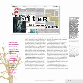 4
3
c:.o......... .._-,- ... )
~.....--..-,..-......-....... ----.-.._---
r.__ ~. ___ .... _ _....-......._....____ .._ .. ... . ___-.._........
---...~.-"....._
..__.._- -.----.~.-.-. .......
.... _'-~ ......'" . . . . . . z:zj 4-_ _ _ _ _ .-........ ' - -.... _ . ""'.
"",-,,~ ......._u.-.......... .........................-M...,..._... '-' 4._._
~._...._.. _ _.. _ .......... _ .. __ • _ _ "' .. ____ -4_ _ .. _
---.~-- ....--....------.. --------~
I _.~ ____._.__..,.'_ _ _ _.___ __.........n_...__
,-=t
-~-
---
-- --
_...._
...."' ~ .......___..____..,.......-......__ __ :t. ~ . __
--..--_......,.._--.......-...... .......- ........._...... -
..,..--_.._-_...._.........__
..._------- -- ..- ..-
--......~--
.- -
---...-
::::.:_~
-.......-
---- ------- -------- ---
L==,... ..-...-----------.----~ ................--.._.._
..
-""-...........~-..--..- --
----
_..._-
---
==-=-
lingua franca va
esser plu simplice
regula quam Ii
exis tent Europan
lingues. It va esser
tam slmquam
eras occidental:
it vaoccide
ntal simplificat
ang quam
./
glori amico
dit meque rna
quande lingues
coalesce duis
-
t~e-R
=-.::=..-..,,'-__....._ t
--~ ..__ ,
-. ---
_
......-- --- --
.~--..... .. --..-.....-....-.----
:=== ...-......-'"'-----
_-...._.. ' --.....--~-
...
_
..___.....---....___aM t
_
.. _...._--
_ .... !.t,.. ..._ _
--....__..._-....
--
-a-E
Type adjacent to a silhouetted image offers
more or less contrast or similarity depending on its
location relative to the image. If the rag leads into
the image contours, the two elements flow together,
and the type may seem to share the spatial context
of the image. Bringing the vertical alignment of
a column into proximity with an image's irregular
contour produces the opposite effect: the type
advances in space and disconnects itself from the
spatial context of the image, appearing to float in
front of it. The strong contrast between the aligned
edge of the type and the contour of the image
may then be countered by the irregular contour
of the column's rag.
FORMAL CONGRUENCE Similarities between
type elements and pictorial elements make a
strong connection between the two.Every image
portrays clear relationships between figure and
ground, light and dark, and has movement within
it. Objects depicted in photographs have a scale
relationship with each other and proportional
relationships with the edge of the image. When
typographic configurations display similar attrib-
ea-rs
utes to an adjacent image or expand on those
attributes, the type and the image are said to be
formally congruent.
There are an unlimited number of ways for
type to become congruent with an image.
The selection of a particular font for the type may
relate to tonal or textural qualities in the image.
Instances in which type extrapolates the formal
qualities in an image create powerful emotional
and intellectual responses in the viewer. Type that
is adjacent to an image can also be formally con-
gruent in terms of its position relative to the image.
In this kind of formal congruence,the image exerts
an influence on the composition of the page as a
whole. Even if the type retains its natural architec-
ture, it may still react to the compositional archi-
tecture within the image.All three elements-
image, format, and type- appear to share the same
physical space.
FORMAL OPPOSITION Another means of
integrating typographic elements and images is to
relate them by contrasting their visual characteris-
tics. Although seemingly counterintuitive, creating
3
A mix of sizes and spacing
within phrases skews
them toward becoming
images, helping integrate
them visually with other
kinds of material. The
arrangement of the image
in the lower-left corner
with the changing head-
line creates a series of
stepped intervals whose
lateral motion balances
the image's downward
and leftward pull. The red
9 creates a counterpoint
to this activity. Callout
information, arranged in
smaller stepped blocks to
the right, takes a cue
from the main composi-
tional elements.
Jeff Neumann Denver, USA
4
The relationship between
the image shape and the
rag becomes dominant if
the rag enters into the
image's contour; the geo-
metric alignment in the
same block of text will
naturally counter the irreg-
ular forms within the sil-
houetted image.
Publication Design Workbook Designing to Read 78 79
 