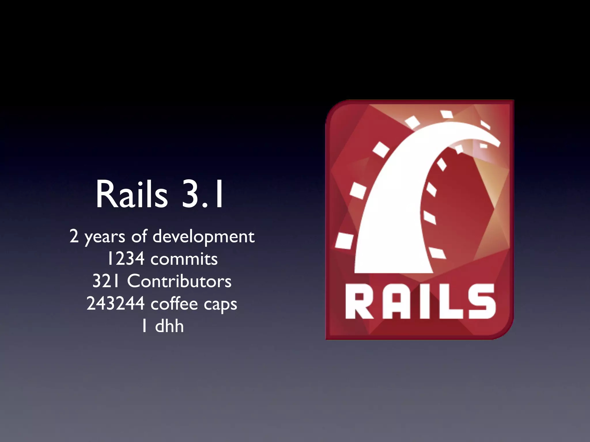 Rails 3.1
2 years of development
    1234 commits
   321 Contributors
  243244 coffee caps
         1 dhh
 