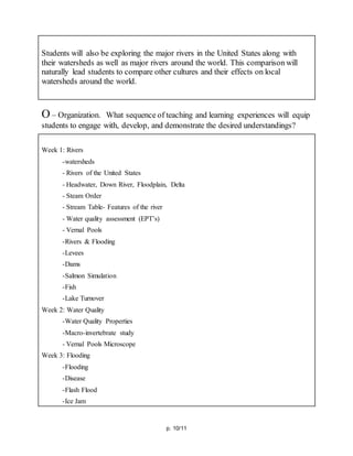 p. 10/11
Students will also be exploring the major rivers in the United States along with
their watersheds as well as major rivers around the world. This comparison will
naturally lead students to compare other cultures and their effects on local
watersheds around the world.
O – Organization. What sequence of teaching and learning experiences will equip
students to engage with, develop, and demonstrate the desired understandings?
Week 1: Rivers
-watersheds
- Rivers of the United States
- Headwater, Down River, Floodplain, Delta
- Steam Order
- Stream Table- Features of the river
- Water quality assessment (EPT’s)
- Vernal Pools
-Rivers & Flooding
-Levees
-Dams
-Salmon Simulation
-Fish
-Lake Turnover
Week 2: Water Quality
-Water Quality Properties
-Macro-invertebrate study
- Vernal Pools Microscope
Week 3: Flooding
-Flooding
-Disease
-Flash Flood
-Ice Jam
 