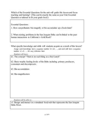 p. 3/11
Which of the Essential Questions for the unit will guide this lesson and focus
teaching and learning? (This can be exactly the same as your Unit Essential
Question or tailored to fit your grade level.)
Essential Questions:
1. How can pollutants bio-magnify or bio-accumulate up a food chain?
2. What existing problems in the San Joaquin Delta can be linked to the past
human interactions in California’s Gold Rush?
What specific knowledge and skills will students acquire as a result of this lesson?
Assign each knowledge item a sequence number k1, k2, …, and each skill item a sequence
number s1, s2, …, for easy reference later.
Students will know:
k1. The concept“There is no such thing as a free Lunch”
k2. Basic trophic feeding levels of the Delta including primary producers,
consumers and decomposers.
k3. Bio-accumulation
k4. Bio-magnification
Students will be able to :
s1. Design and interact in a simulated food web that represents the San Joaquin
Delta River.
 