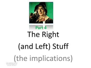 Part 4
                   The Right
                (and Left) Stuff
              (the implications)
www.rightbrain.us.com
timothyfowler@aol.com
  Cell (440) 728-HELP
 