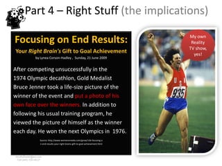 Part 4 – Right Stuff (the implications)
                                                                                   My own
Focusing on End Results:                                                            Reality
                                                                                   TV show,
Your Right Brain's Gift to Goal Achievement                                          yes!
               by Lynea Corson-Hadley , Sunday, 21 June 2009


After competing unsuccessfully in the
1974 Olympic decathlon, Gold Medalist
Bruce Jenner took a life-size picture of the
winner of the event and put a photo of his
own face over the winners. In addition to
following his usual training program, he
viewed the picture of himself as the winner
each day. He won the next Olympics in 1976.
                   Source: http://www.womensmedia.com/grow/136-focusing-o
                   n-end-results-your-right-brains-gift-to-goal-achievement.html



www.rightbrain.us.com
timothyfowler@aol.com
  Cell (440) 728-HELP
 