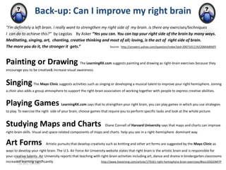 Back-up: Can I improve my right brain
“I’m definitely a left brain. I really want to strengthen my right side of my brain. is there any exercises/techniques
I can do to achieve this?” by Legolas By Asker “Yes you can. You can tap your right side of the brain by many ways.
Meditating, singing, art, chanting, creative thinking and most of all; loving, is the act of right side of brain.
The more you do it, the stronger it gets.”                     Source: http://answers.yahoo.com/question/index?qid=20071011192208AA8X6FF




Painting or Drawing The LearningRX.com suggests painting and drawing as right-brain exercises because they
encourage you to be creative& increase visual awareness.


Singing The Mayo Clinic suggests activities such as singing or developing a musical talent to improve your right hemisphere. Joining
a choir also adds a group atmosphere to support the right-brain association of working together with people to express creative abilities.


Playing Games LearningRX.com says that to strengthen your right brain, you can play games in which you use strategies
to play. To exercise the right side of your brain, choose games that require you to perform specific tasks and look at the whole picture.


Studying Maps and Charts                                              Diane Connell of Harvard University says that maps and charts can improve
right-brain skills. Visual and space-related components of maps and charts help you see in a right-hemisphere dominant way.


Art Forms                   Artistic pursuits that develop creativity such as knitting and other art forms are suggested by the Mayo Clinic as
ways to develop your right brain. The U.S. Air Force Air University website states that right brain is the artistic brain and is responsible for
your creative talents. Air University reports that teaching with right-brain activities including art, dance and drama in kindergarten classrooms
      www.rightbrain.us.com
       timothyfowler@aol.com
increased learning significantly.                                http://www.livestrong.com/article/179161-right-hemisphere-brain-exercises/#ixzz1DlZd3M7P
         Cell (440) 728-HELP
 