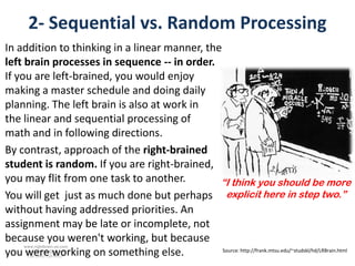 2- Sequential vs. Random Processing
In addition to thinking in a linear manner, the
left brain processes in sequence -- in order.
If you are left-brained, you would enjoy
making a master schedule and doing daily
planning. The left brain is also at work in
the linear and sequential processing of
math and in following directions.
By contrast, approach of the right-brained
student is random. If you are right-brained,
you may flit from one task to another.         “I think you should be more
You will get just as much done but perhaps explicit here in step two.”
without having addressed priorities. An
assignment may be late or incomplete, not
because you weren't working, but because
     www.rightbrain.us.com
you were working on something else.
     timothyfowler@aol.com
       Cell (440) 728-HELP
                                                Source: http://frank.mtsu.edu/~studskl/hd/LRBrain.html
 