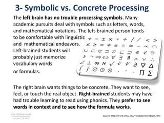 3- Symbolic vs. Concrete Processing
  The left brain has no trouble processing symbols. Many
  academic pursuits deal with symbols such as letters, words,
  and mathematical notations. The left-brained person tends
  to be comfortable with linguistic
  and mathematical endeavors.
  Left-brained students will
  probably just memorize
  vocabulary words
  or formulas.

  The right brain wants things to be concrete. They want to see,
  feel, or touch the real object. Right-brained students may have
  had trouble learning to read using phonics. They prefer to see
  words in context and to see how the formula works.
www.rightbrain.us.com
timothyfowler@aol.com                     Source: http://frank.mtsu.edu/~studskl/hd/LRBrain.html
  Cell (440) 728-HELP
 