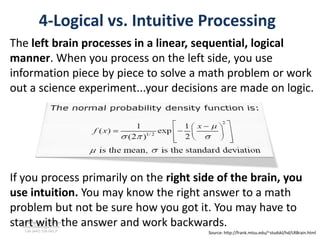 4-Logical vs. Intuitive Processing
The left brain processes in a linear, sequential, logical
manner. When you process on the left side, you use
information piece by piece to solve a math problem or work
out a science experiment...your decisions are made on logic.




If you process primarily on the right side of the brain, you
use intuition. You may know the right answer to a math
problem but not be sure how you got it. You may have to
start with the answer and work backwards.
  www.rightbrain.us.com
  timothyfowler@aol.com
    Cell (440) 728-HELP
                                        Source: http://frank.mtsu.edu/~studskl/hd/LRBrain.html
 