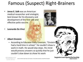 Famous (Suspect) Right-Brainers
• Jonas E. Salk was an American
  medical researcher and virologist,
  best known for his discovery and
  development of the first safe and
  effective polio vaccine.

• Leonardo Da Vinci



• Albert Einstein
   – According to Educator Patty Emerson, "Einstein
     had a hard time in school." He couldn't show is
     work in math. He would skip steps. His mind
     would process answers so quickly that he just
     couldn't slow down to show his work
 www.rightbrain.us.com
 timothyfowler@aol.com   Source: Barbara Pytel Suite 101 Educator. http://www.suite101.com/profile.cfm/pytel
   Cell (440) 728-HELP
 