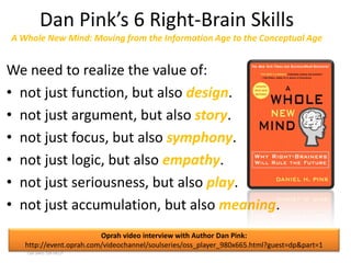 Dan Pink’s 6 Right-Brain Skills
A Whole New Mind: Moving from the Information Age to the Conceptual Age


We need to realize the value of:
• not just function, but also design.
• not just argument, but also story.
• not just focus, but also symphony.
• not just logic, but also empathy.
• not just seriousness, but also play.
• not just accumulation, but also meaning.
                         Oprah video interview with Author Dan Pink:
   http://event.oprah.com/videochannel/soulseries/oss_player_980x665.html?guest=dp&part=1
  www.rightbrain.us.com
  timothyfowler@aol.com
    Cell (440) 728-HELP
 