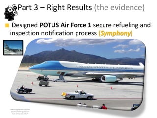 Part 3 – Right Results (the evidence)
 Designed POTUS Air Force 1 secure refueling and
inspection notification process (Symphony)




www.rightbrain.us.com
timothyfowler@aol.com
  Cell (440) 728-HELP
 