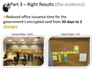 Part 3 – Right Results (the evidence)

  Reduced office issuance time for the
government’s encrypted card from 30 days to 2
(Design)
           Current State = 24 ft   Future State = 3 ft




 www.rightbrain.us.com
 timothyfowler@aol.com
   Cell (440) 728-HELP
 
