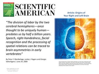 Article: Origins of
                                                                     Your Right and Left Brain

“The division of labor by the two
cerebral hemispheres—once
thought to be uniquely human—
predates us by half a billion years.
Speech, right-handedness, facial
recognition and the processing of
spatial relations can be traced to
brain asymmetries in early
vertebrates”
By Peter F. MacNeilage, Lesley J. Rogers and Giorgio
Vallortigara | June 24, 2009                           Image: Photoillustration by TWIST CREATIVE; MedicalRF.com Corbis (brain); Medioimages Getty
                                                       Images (calculator); Joerg Steffens Corbis (faces); Westend61 Corbis (woman smiling); Dougal
                                                       Waters Getty Images (ballerina); Mike Kemp Getty Images (rattlesnake); C Squared Studios Getty
                                                       Images (palette); Vladimir Godnik Getty Images (paintbrushes); Carrie Boretz Corbis (girls
                                                       whispering); Robert Llewellyn Corbis (calipers)


www.rightbrain.us.com
timothyfowler@aol.com
  Cell (440) 728-HELP
 
