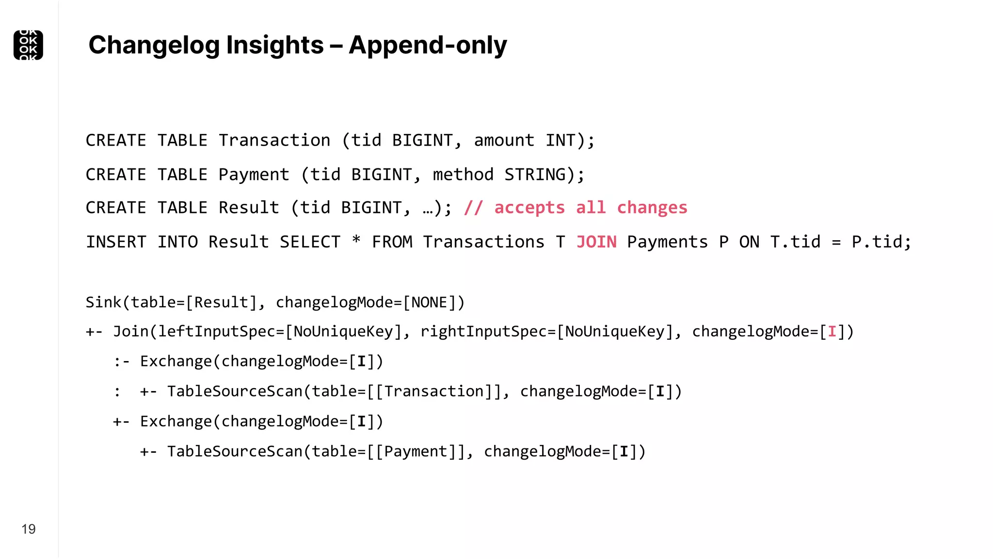 Changelog Insights – Append-only 19 CREATE TABLE Transaction (tid BIGINT, amount INT); CREATE TABLE Payment (tid BIGINT, method STRING); CREATE TABLE Result (tid BIGINT, …); // accepts all changes INSERT INTO Result SELECT * FROM Transactions T JOIN Payments P ON T.tid = P.tid; Sink(table=[Result], changelogMode=[NONE]) +- Join(leftInputSpec=[NoUniqueKey], rightInputSpec=[NoUniqueKey], changelogMode=[I]) :- Exchange(changelogMode=[I]) : +- TableSourceScan(table=[[Transaction]], changelogMode=[I]) +- Exchange(changelogMode=[I]) +- TableSourceScan(table=[[Payment]], changelogMode=[I]) 