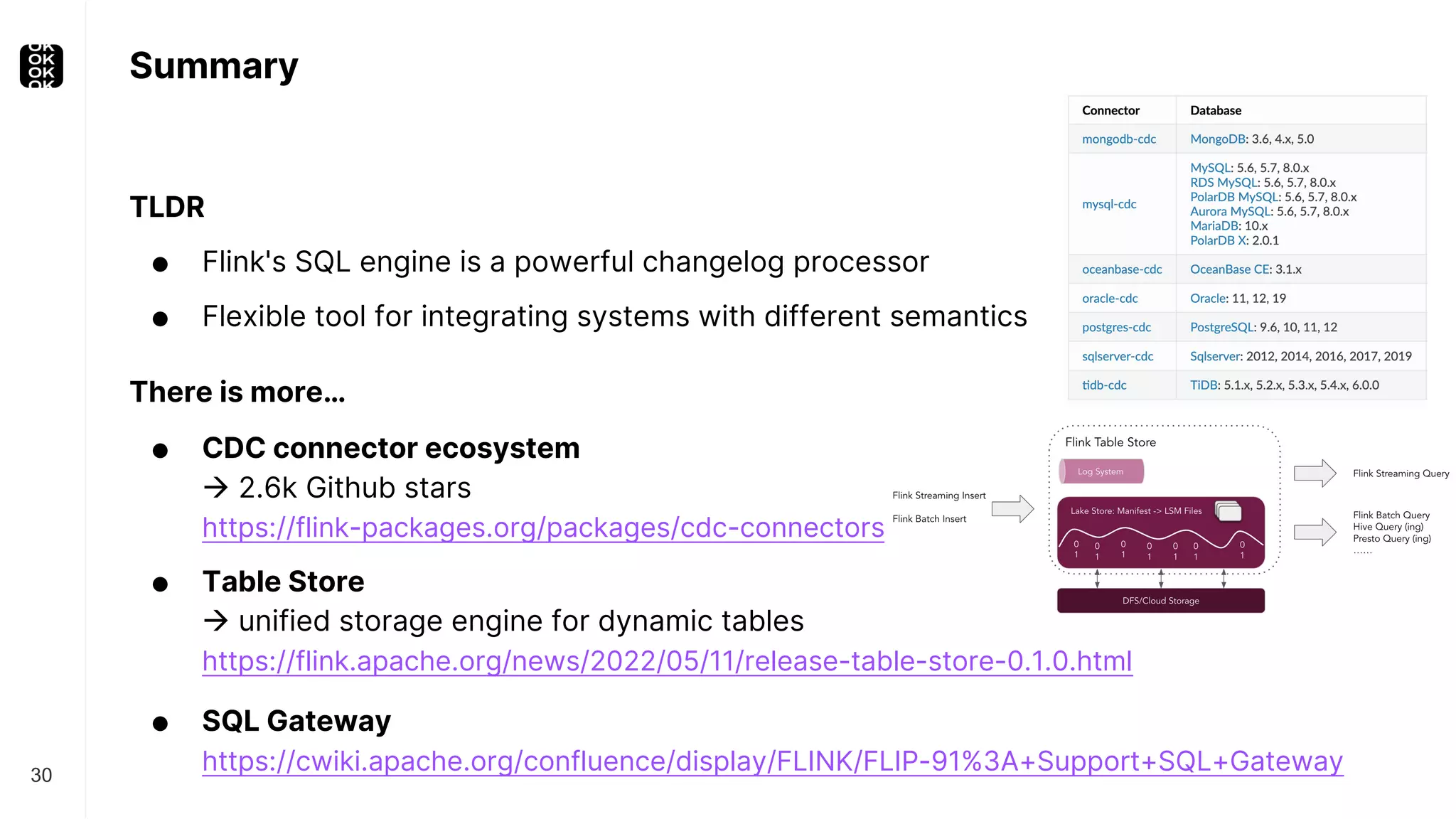 Summary TLDR ● Flink's SQL engine is a powerful changelog processor ● Flexible tool for integrating systems with different semantics There is more… ● CDC connector ecosystem à 2.6k Github stars https://flink-packages.org/packages/cdc-connectors ● Table Store à unified storage engine for dynamic tables https://flink.apache.org/news/2022/05/11/release-table-store-0.1.0.html ● SQL Gateway https://cwiki.apache.org/confluence/display/FLINK/FLIP-91%3A+Support+SQL+Gateway 30 