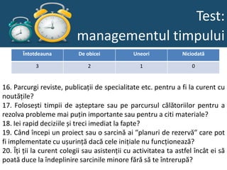 Test:
                           managementul timpului
       Întotdeauna         De obicei           Uneori            Niciodată

            3                  2                  1                  0


16. Parcurgi reviste, publicații de specialitate etc. pentru a fi la curent cu
noutățile?
17. Folosești timpii de așteptare sau pe parcursul călătoriilor pentru a
rezolva probleme mai puțin importante sau pentru a citi materiale?
18. Iei rapid deciziile și treci imediat la fapte?
19. Când începi un proiect sau o sarcină ai ʺplanuri de rezervăʺ care pot
fi implementate cu ușurință dacă cele inițiale nu funcționează?
20. Îți ții la curent colegii sau asistenții cu activitatea ta astfel încât ei să
poată duce la îndeplinire sarcinile minore fără să te întrerupă?
 