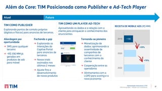 37
Apresentação Institucional | 2T20
TIM Participações – Relação com Investidores
Além do Core: TIM Posicionada como Publisher e Ad-Tech Player
Atual Futuro
Abordagem por
oportunidade
→ SMS para qualquer
terceiro
→ ~R$ 190 MM já
gerados em
produtos de ads
para móvel
Tornando-se pioneira
→ Monetização de
dados: aprimorando a
assertividade de
campanhas de
terceiros com o
conhecimento do
cliente
→ Cooperação entre as
operadoras
→ Alinhamento com a
LGPD para scoring e a
nova economia
TIM COMO UM PLAYER AD-TECH
Aproveitando os dados e a relação com o
cliente para enriquecer o conhecimento dos
anunciantes.
TIM COMO PUBLISHER
Explorando pontos de contato próprios
(digitais e físicos) para anúncios de terceiros.
Fechando o gap
→ Explorando as
interações do
Captive Portal
para anúncios de
terceiros
→ Novos trials
assinados nos
últimos 2 meses
→ Ajuste fino e
desenvolvimento
de novos produtos
~1902019
2020
2022
RECEITA DE MOBILE ADS (R$ MM)
+35%
+70%
 