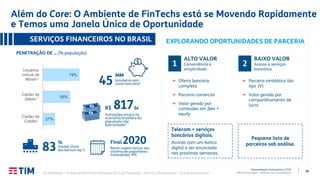 38
Apresentação Institucional | 2T20
TIM Participações – Relação com Investidores
Além do Core: O Ambiente de FinTechs está se Movendo Rapidamente
e Temos uma Janela Única de Oportunidade
(1) População > 15 anos (Global Findex Database 2017); (2) População > 10 anos; (3) População > 16 anos (Locomotiva).
Telecom + serviços
bancários digitais.
Acordo com um banco
digital a ser anunciado
nas próximas semanas.
Pequena lista de
parceiros sob análise.
27%
59%
79%
Cartão de
Crédito
Cartão de
Débito
Usuários
únicos de
Móvel
1
2
SERVIÇOS FINANCEIROS NO BRASIL
PENETRAÇÃO DE … (% população)
1
45
MM
brasileiros sem
conta bancária3
817bi
transações anuais na
economia brasileira da
população não
bancarizada3
R$
83
%
market share
dos bancos top 5
Final 2020
Bacen espera lançar seu
sistema de pagamento
instantâneo: PIX.
BAIXO VALOR
Acesso a serviços
bancários.
2
→ Parceria simbiótica (do
tipo JV)
→ Valor gerado por
compartilhamento de
lucro
ALTO VALOR
Conveniência e
simplicidade.
1
→ Oferta bancária
completa
→ Parceria comercial
→ Valor gerado por
comissões em fees +
equity
EXPLORANDO OPORTUNIDADES DE PARCERIA
 