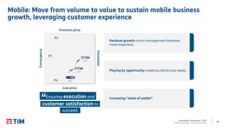 25
Institutional Presentation | 2Q20
TIM Participações – Investor Relations
Mobile: Move from volume to value to sustain mobile business
growth, leveraging customer experience
Playing by opportunity: meeting clients true needs.
Increasing “share of wallet”.
Residual growth: churn management becomes
more important.
Ensuring execution and
customer satisfaction to
succeed.
“ Innovation
Low price
Convergence
2014
2019
2022
P2
P3
P4
Premium price
 