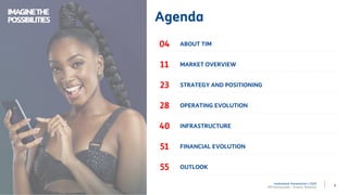 3
Institutional Presentation | 2Q20
TIM Participações – Investor Relations
Agenda
ABOUT TIM
MARKET OVERVIEW
INFRASTRUCTURE
STRATEGY AND POSITIONING
OPERATING EVOLUTION
FINANCIAL EVOLUTION
OUTLOOK
04
11
23
28
40
51
55
IMAGINETHE
POSSIBILITIES
 