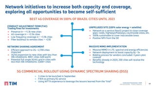 49
Institutional Presentation | 2Q20
TIM Participações – Investor Relations
Network initiatives to increase both capacity and coverage,
exploring all opportunities to become self-sufficient
NETWORK SHARING AGREEMENT
→ Efficient approach to 2G: ~2,700 cities
impacted
→ 3G/4G expansion to new cities with less than
30k inhabitants: 800+ cities (400 each)
→ Potential full single 3G/4G grid in cities with
less than 30k inhabitants: 1,600+ cities
MASSIVE MIMO IMPLEMENTATION
→ Massive MIMO in LTE: spectral and energy efficiencies
→ Network deployment to boost capacity by ~3x
→ Bidding process for vendors concluded: 3 years plan
covered
→ Benefits already in 2020, 200 cities will receive the
technology
UNPPLUGED SITE (100% solar energy + satellite)
→ Network as a service (NaaS) project to close coverage
gaps: roads, highways/freeways, countryside areas, etc.
→ 100% sustainable to cover inaccessible areas
→ Positive NPV from the D0
BEST 4G COVERAGE IN 100% OF BRAZIL CITIES UNTIL 2023
CONDUCT ADJUSTMENT TERM (TAC)
Trading fines for investments:
→ Presence in ~ +1.3k new cities
→ 4G coverage in ~ +1.5k cities
→ Low frequency coverage in ~ +1.9k cities
→ Fiber backhaul to remote cities: ~ +230
5G COMMERCIAL ROLLOUT USING DYNAMIC SPECTRUM SHARING (DSS)
→ 3 cities to be launched in September
→ FWA as primary 5G service
→ Using WTTX experience to leverage the lessons learned from the “trial”
 