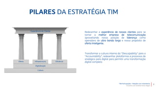 TIM Participações – Relações com Investidores
Encontro com Analista Porto Alegre
7
Experiência do Cliente
Digitalização
Cultura
InfraestruturaOferta Eficiência
Redesenhar a experiência de nossos clientes para se
tornar a melhor empresa de telecomunicação
aproveitando nossa posição de liderança como
operadora de ultra banda larga e nosso propósito de
oferta inteligente.
Transformar a cultura interna da “Desculpability" para a
“Accountability”, redesenhar plataformas e processos de
analógico para digital para permitir uma transformação
digital completa
PILARES DA ESTRATÉGIA TIM
 