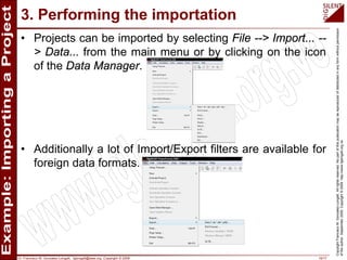 Dr. Francisco M. Gonzalez-Longatt, fglongatt@ieee.org .Copyright © 2009 19/17
CopyrightFranciscoM.Gonzalez-Longatt.Allrightsreserved.Nopartofthispublicationmaybereproducedofdistributedinanyformwithoutpermission
oftheauthor.September2009.Copyright©2009.http://www.fglongatt.org.ve
3. Performing the importation
• Projects can be imported by selecting File --> Import... --
> Data... from the main menu or by clicking on the icon
of the Data Manager.
• Additionally a lot of Import/Export filters are available for
foreign data formats.
 