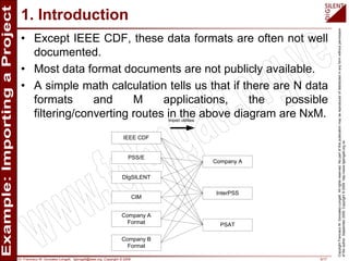 Dr. Francisco M. Gonzalez-Longatt, fglongatt@ieee.org .Copyright © 2009 5/17
CopyrightFranciscoM.Gonzalez-Longatt.Allrightsreserved.Nopartofthispublicationmaybereproducedofdistributedinanyformwithoutpermission
oftheauthor.September2009.Copyright©2009.http://www.fglongatt.org.ve
1. Introduction
• Except IEEE CDF, these data formats are often not well
documented.
• Most data format documents are not publicly available.
• A simple math calculation tells us that if there are N data
formats and M applications, the possible
filtering/converting routes in the above diagram are NxM.
IEEE CDF
PSS/E
DIgSILENT
CIM
Company A
Format
Company B
Format
Company A
InterPSS
PSAT
Import utilities
 