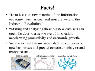 Facts!
• “Data is a vital raw material of the information
  economy, much as coal and iron ore were in the
  Industrial Revolution.”
• “Mining and analyzing these big new data sets can
  open the door to a new wave of innovation,
  accelerating productivity and economic growth.”
• We can exploit Internet-scale data sets to uncover
  new businesses and predict consumer behavior and
  market shifts.
      location data   sales business data   social network data
 