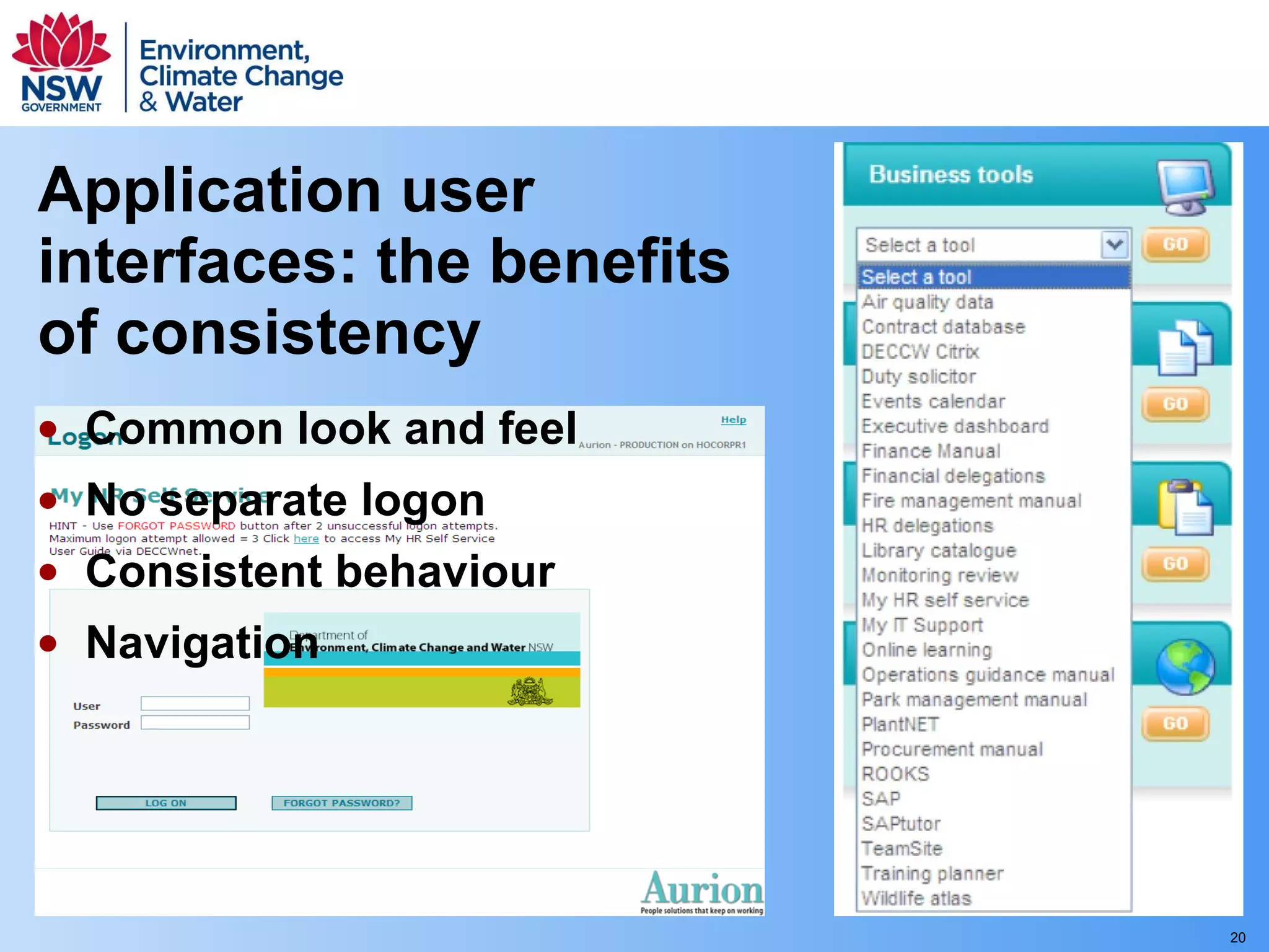 Application user interfaces: the benefits of consistency Common look and feel No separate logon Consistent behaviour Navigation 