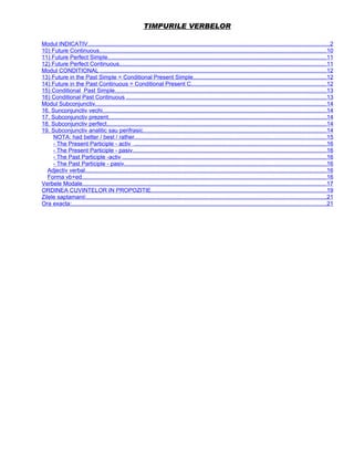 TIMPURILE VERBELOR

Modul INDICATIV.....................................................................................................................................................2
10) Future Continuous............................................................................................................................................10
11) Future Perfect Simple.......................................................................................................................................11
12) Future Perfect Continuous................................................................................................................................11
Modul CONDITIONAL ...........................................................................................................................................12
13) Future in the Past Simple = Conditional Present Simple..................................................................................12
14) Future in the Past Continuous = Conditional Present C...................................................................................12
15) Conditional Past Simple..................................................................................................................................13
16) Conditional Past Continuous ...........................................................................................................................13
Modul Subconjunctiv...............................................................................................................................................14
16. Sunconjunctiv vechi..........................................................................................................................................14
17. Subconjunctiv prezent......................................................................................................................................14
18. Subconjunctiv perfect.......................................................................................................................................14
19. Subconjunctiv analitic sau perifrasic.................................................................................................................14
     NOTA: had better / best / rather......................................................................................................................15
     - The Present Participle - activ .......................................................................................................................16
     - The Present Participle - pasiv........................................................................................................................16
     - The Past Participle -activ ..............................................................................................................................16
     - The Past Participle - pasiv.............................................................................................................................16
   Adjectiv verbal.....................................................................................................................................................16
   Forma vb+ed.......................................................................................................................................................16
Verbele Modale.......................................................................................................................................................17
ORDINEA CUVINTELOR IN PROPOZITIE............................................................................................................19
Zilele saptamanii:....................................................................................................................................................21
Ora exacta:.............................................................................................................................................................21
 