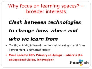 Why focus on learning spaces? – broader interests ,[object Object],[object Object],[object Object]