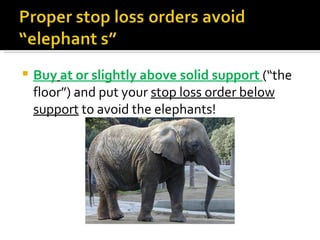 Buy   at or slightly above solid support  (“the floor”) and put your  stop loss order below support  to avoid the elephants! 