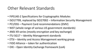 Other Relevant Standards
• FIPS140-2 Specifications for Cryptographic Modules
• ISO17799, replaced by ISO27002 – Information Security Management
• PCI/DSS – Payment Card recommendations (EMV)
• NIST (whole range of various US government standards)
• ANSI X9 series (mostly encryption and key exchange)
• ITU SG17 – Identity Management standards
• ETSI – Identity and Access Management working group
• FIDO Alliance – token for authentication
• OIX – Open Identity Exchange framework (LoA)
 