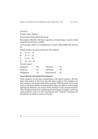 JOURNAL OF SCIENCE AND MATHEMATICS EDUCATION IN S.E. ASIA Vol. 25, No. 2
80
Example 6
Content Area: Algebra
Performance Expectation: Knowing
Description: Identifies the linear equation corresponding to a given verbal
statement involving a variable.
n is a number. When n is multiplied by 7, and 6 is then added, the result is
41.
Which of these equations represents this relation?
A. 7n + 6 = 41
B. 7n – 6 = 41
C. 7n x 6 = 41
D. 7(n + 6) = 41
Percent correct:
Singapore - 89; Thailand - 67;
Malaysia - 57; Indonesia - 37;
Philippines - 19; International - 65.
Lower Quarter International benchmark
These students can do basic computations with whole numbers. The few
items that anchor at this level provide some evidence that students can
add, subtract, and round with whole numbers. With decimals of the same
order i.e. the same number of decimal places, they can subtract with multiple
regrouping. Students can round whole numbers to the nearest hundred.
They recognize some basic notation and terminology. Examples 7 and 8 are
representative items of this benchmark that students reaching the
benchmark are likely to answer correctly.
 