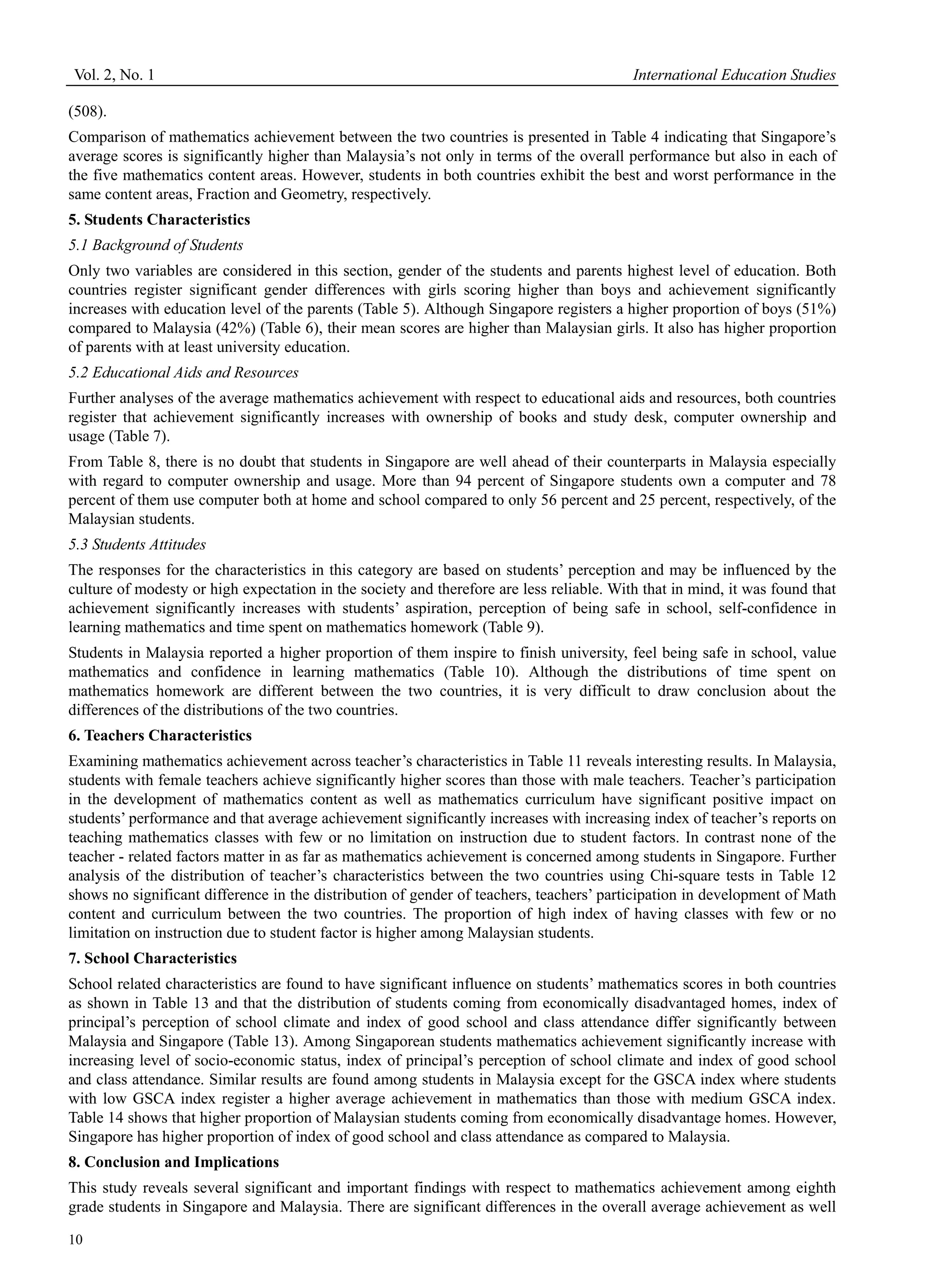 Vol. 2, No. 1 International Education Studies
10
(508).
Comparison of mathematics achievement between the two countries is presented in Table 4 indicating that Singapore’s
average scores is significantly higher than Malaysia’s not only in terms of the overall performance but also in each of
the five mathematics content areas. However, students in both countries exhibit the best and worst performance in the
same content areas, Fraction and Geometry, respectively.
5. Students Characteristics
5.1 Background of Students
Only two variables are considered in this section, gender of the students and parents highest level of education. Both
countries register significant gender differences with girls scoring higher than boys and achievement significantly
increases with education level of the parents (Table 5). Although Singapore registers a higher proportion of boys (51%)
compared to Malaysia (42%) (Table 6), their mean scores are higher than Malaysian girls. It also has higher proportion
of parents with at least university education.
5.2 Educational Aids and Resources
Further analyses of the average mathematics achievement with respect to educational aids and resources, both countries
register that achievement significantly increases with ownership of books and study desk, computer ownership and
usage (Table 7).
From Table 8, there is no doubt that students in Singapore are well ahead of their counterparts in Malaysia especially
with regard to computer ownership and usage. More than 94 percent of Singapore students own a computer and 78
percent of them use computer both at home and school compared to only 56 percent and 25 percent, respectively, of the
Malaysian students.
5.3 Students Attitudes
The responses for the characteristics in this category are based on students’ perception and may be influenced by the
culture of modesty or high expectation in the society and therefore are less reliable. With that in mind, it was found that
achievement significantly increases with students’ aspiration, perception of being safe in school, self-confidence in
learning mathematics and time spent on mathematics homework (Table 9).
Students in Malaysia reported a higher proportion of them inspire to finish university, feel being safe in school, value
mathematics and confidence in learning mathematics (Table 10). Although the distributions of time spent on
mathematics homework are different between the two countries, it is very difficult to draw conclusion about the
differences of the distributions of the two countries.
6. Teachers Characteristics
Examining mathematics achievement across teacher’s characteristics in Table 11 reveals interesting results. In Malaysia,
students with female teachers achieve significantly higher scores than those with male teachers. Teacher’s participation
in the development of mathematics content as well as mathematics curriculum have significant positive impact on
students’ performance and that average achievement significantly increases with increasing index of teacher’s reports on
teaching mathematics classes with few or no limitation on instruction due to student factors. In contrast none of the
teacher - related factors matter in as far as mathematics achievement is concerned among students in Singapore. Further
analysis of the distribution of teacher’s characteristics between the two countries using Chi-square tests in Table 12
shows no significant difference in the distribution of gender of teachers, teachers’ participation in development of Math
content and curriculum between the two countries. The proportion of high index of having classes with few or no
limitation on instruction due to student factor is higher among Malaysian students.
7. School Characteristics
School related characteristics are found to have significant influence on students’ mathematics scores in both countries
as shown in Table 13 and that the distribution of students coming from economically disadvantaged homes, index of
principal’s perception of school climate and index of good school and class attendance differ significantly between
Malaysia and Singapore (Table 13). Among Singaporean students mathematics achievement significantly increase with
increasing level of socio-economic status, index of principal’s perception of school climate and index of good school
and class attendance. Similar results are found among students in Malaysia except for the GSCA index where students
with low GSCA index register a higher average achievement in mathematics than those with medium GSCA index.
Table 14 shows that higher proportion of Malaysian students coming from economically disadvantage homes. However,
Singapore has higher proportion of index of good school and class attendance as compared to Malaysia.
8. Conclusion and Implications
This study reveals several significant and important findings with respect to mathematics achievement among eighth
grade students in Singapore and Malaysia. There are significant differences in the overall average achievement as well
 