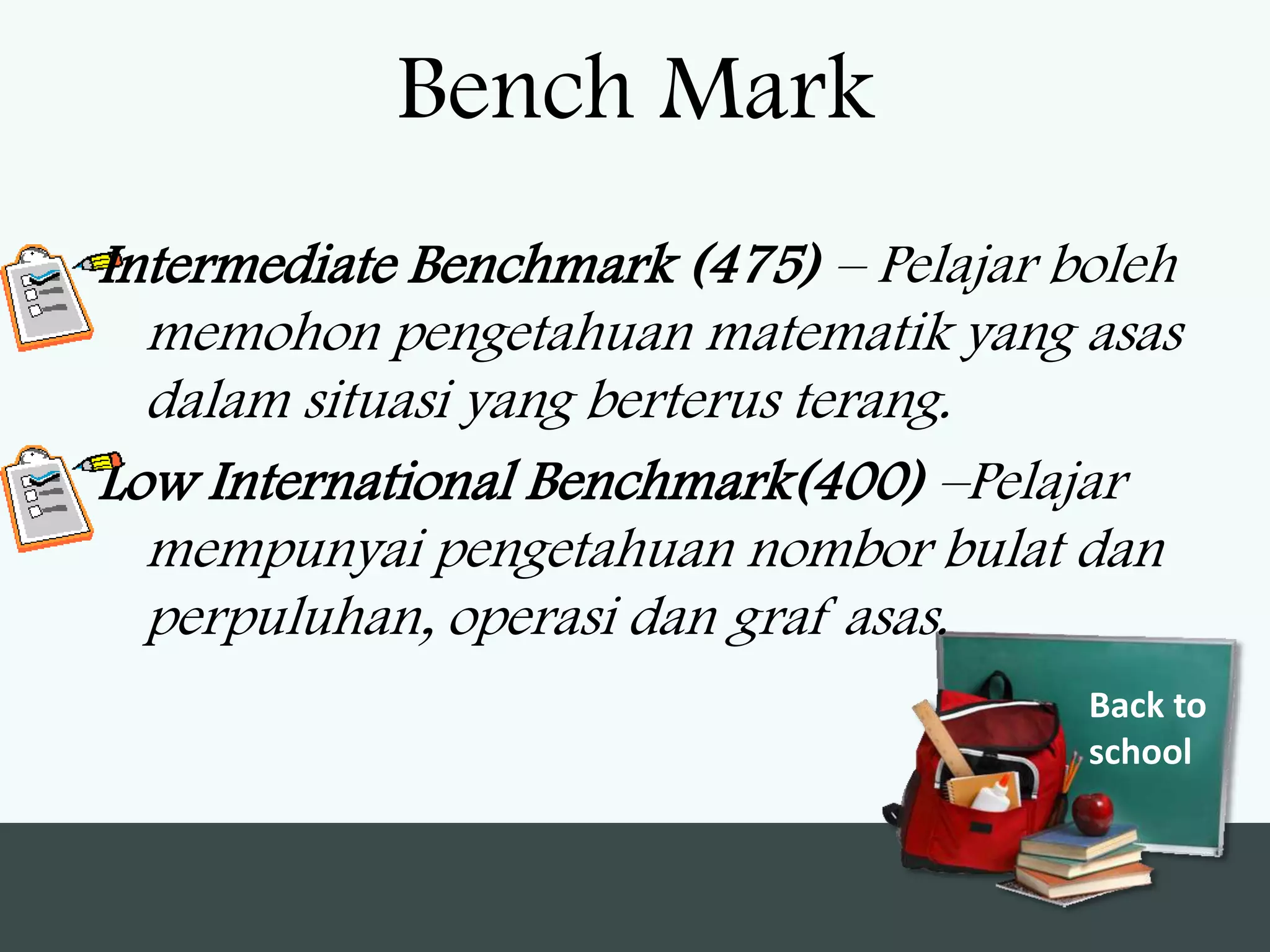 Bench Mark
Intermediate Benchmark (475) – Pelajar boleh
  memohon pengetahuan matematik yang asas
  dalam situasi yang berterus terang.
Low International Benchmark(400) –Pelajar
  mempunyai pengetahuan nombor bulat dan
  perpuluhan, operasi dan graf asas.
                                        Back to
                                        school
 