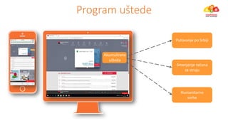 Vaša d ev a ušteda
Progra uštede
Ušteda
Putovanje po Srbiji
Humanitarne svrhe
S a je je raču a
za struju
Humanitarne
svrhe
Akumulirana
ušteda
 