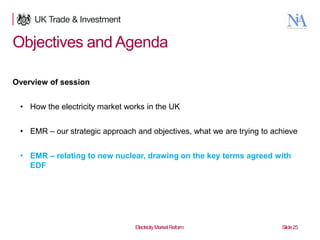 Objectives and Agenda
Overview of session

• How the electricity market works in the UK
• EMR – our strategic approach and objectives, what we are trying to achieve

• EMR – relating to new nuclear, drawing on the key terms agreed with
EDF

25

Electricity Market Reform

Slide 25

 